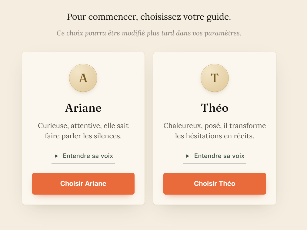 L'écran de choix du guide vocal : Ariane ou Théo, chacun avec sa voix et sa sensibilité.