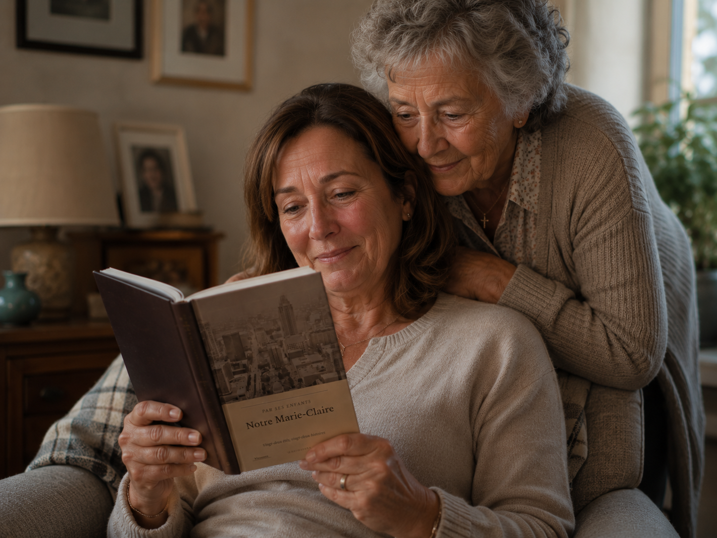 Une femme lit le livre relié de sa mère, sa mère installée derrière elle.