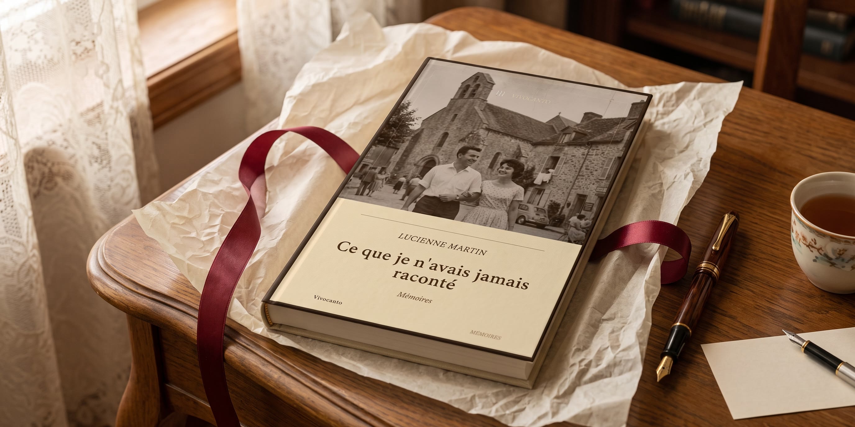 Le livre à moitié sorti de son papier de soie et de son ruban, sur une table près d'une fenêtre.
