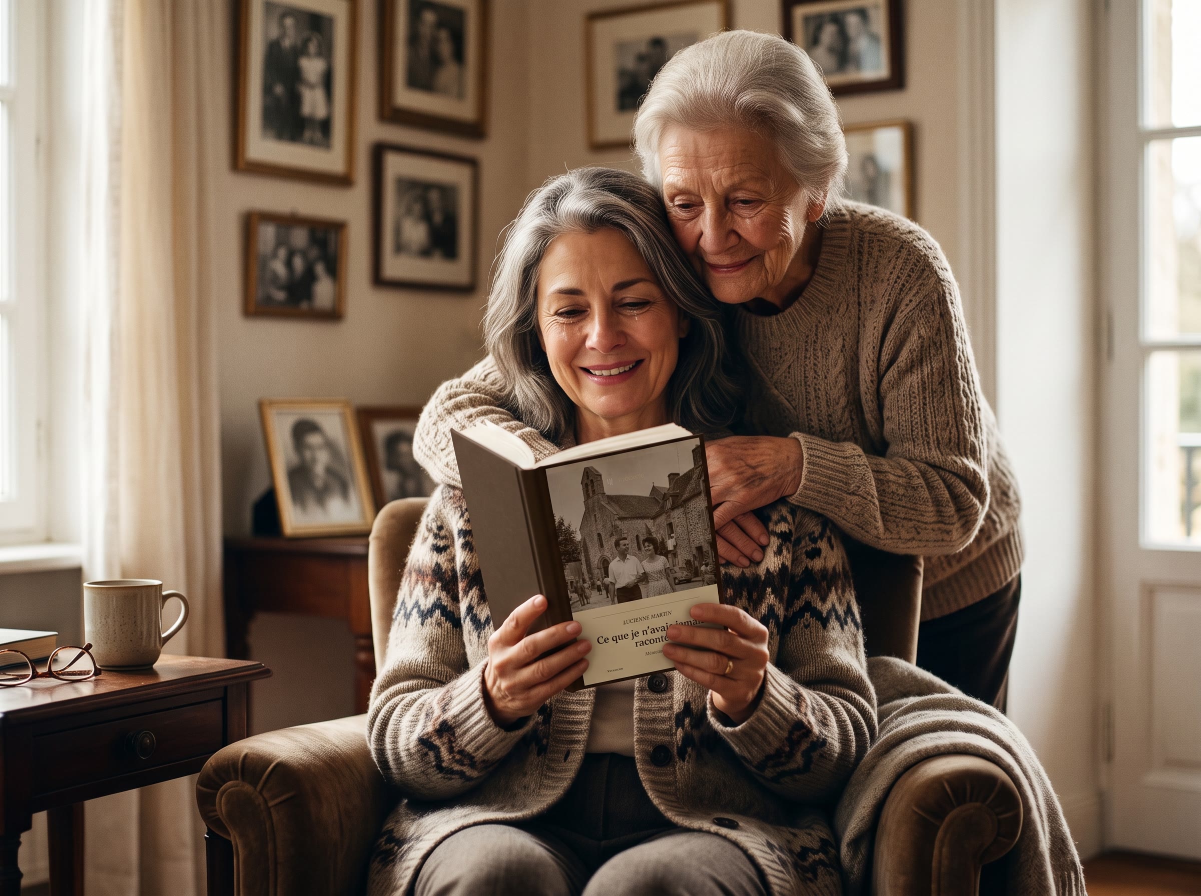 Une femme lit le livre de sa mère, « Ce que je n'avais jamais raconté » ; sa mère, debout derrière elle, l'enlace.