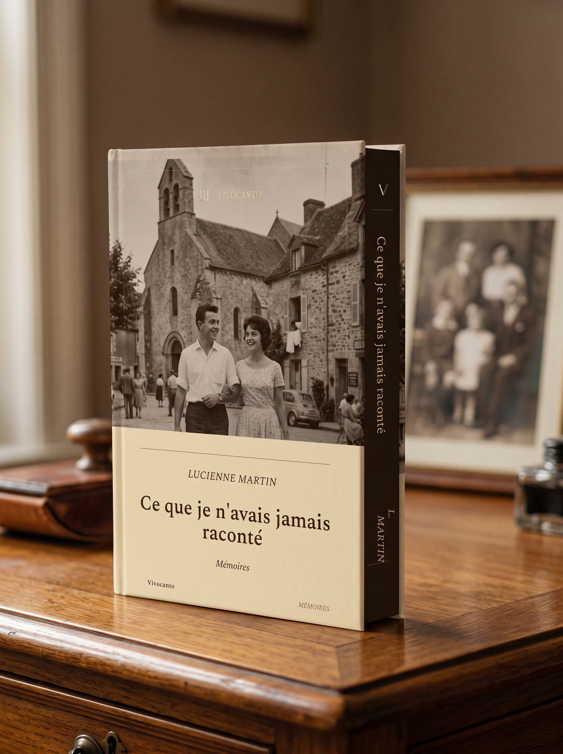 Le livre « Ce que je n'avais jamais raconté », de Lucienne Martin, debout sur un bureau : couverture rigide avec une photo de couple des années 1960, titre sur la tranche.