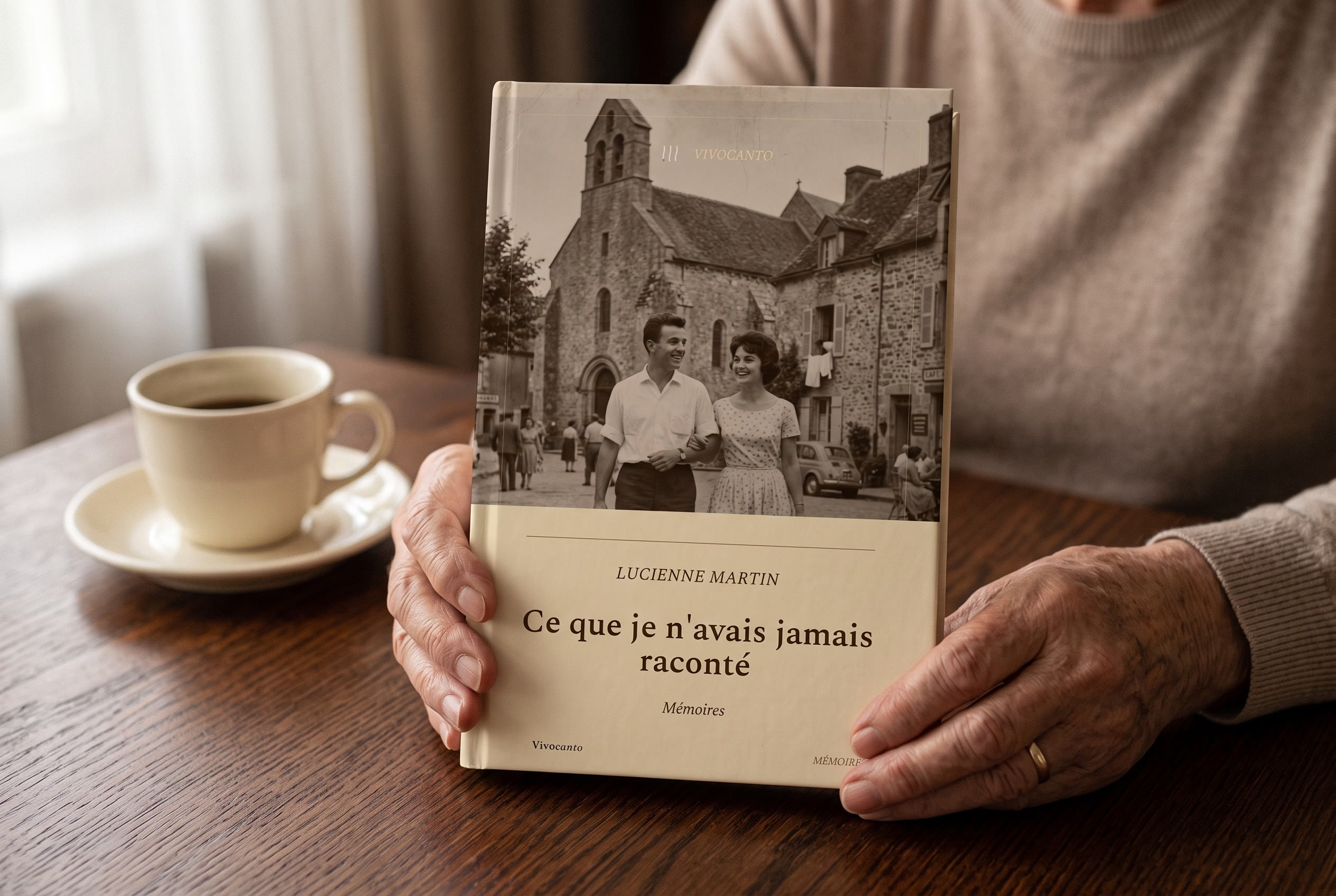 Deux mains âgées tiennent le livre fermé au-dessus d'une table, une tasse de café à côté.