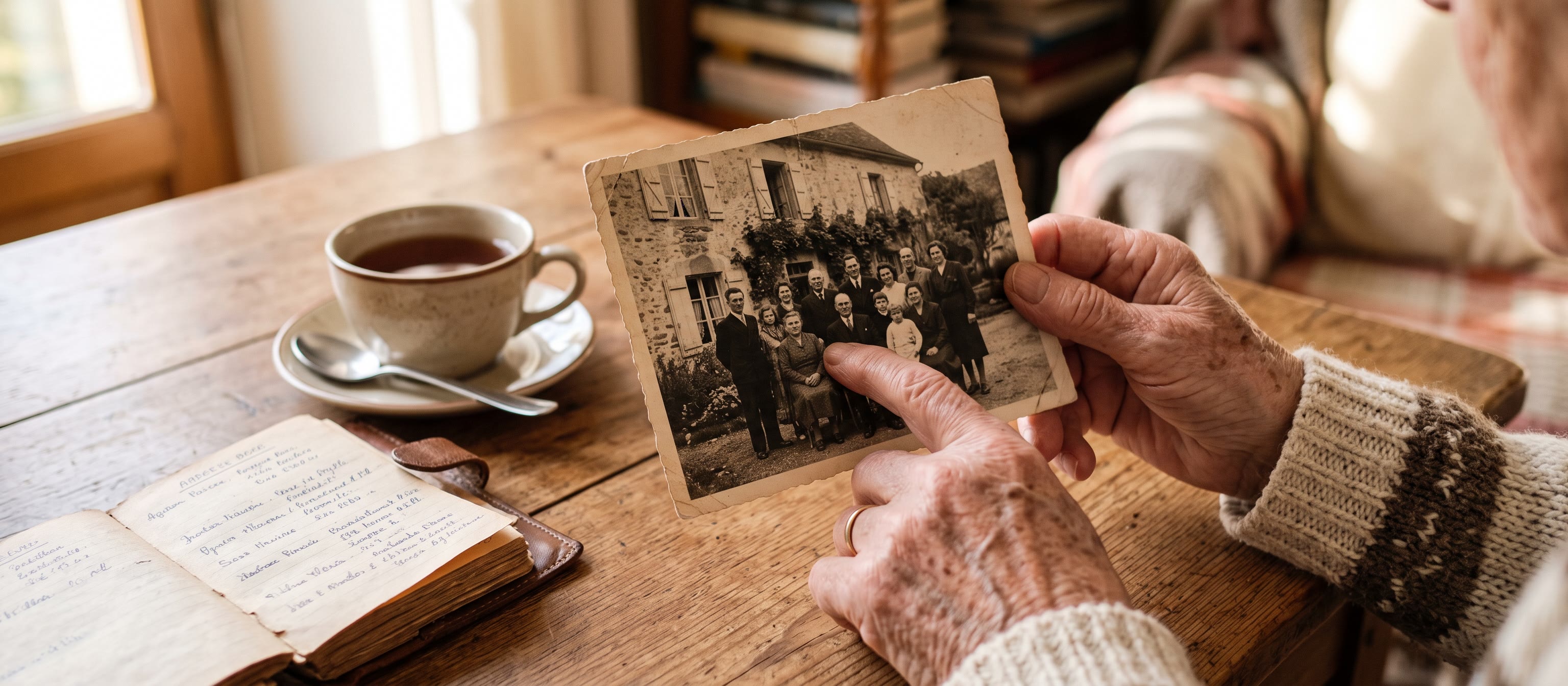 Deux mains âgées tiennent une vieille photo de famille devant une maison de village.